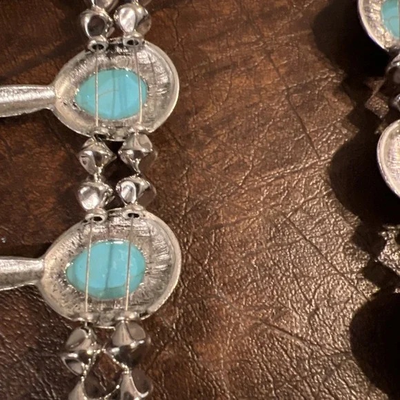 Southwestern Faux Blue Turquoise Squash Blossom Necklace & Earrings Set - Picture 5 of 6